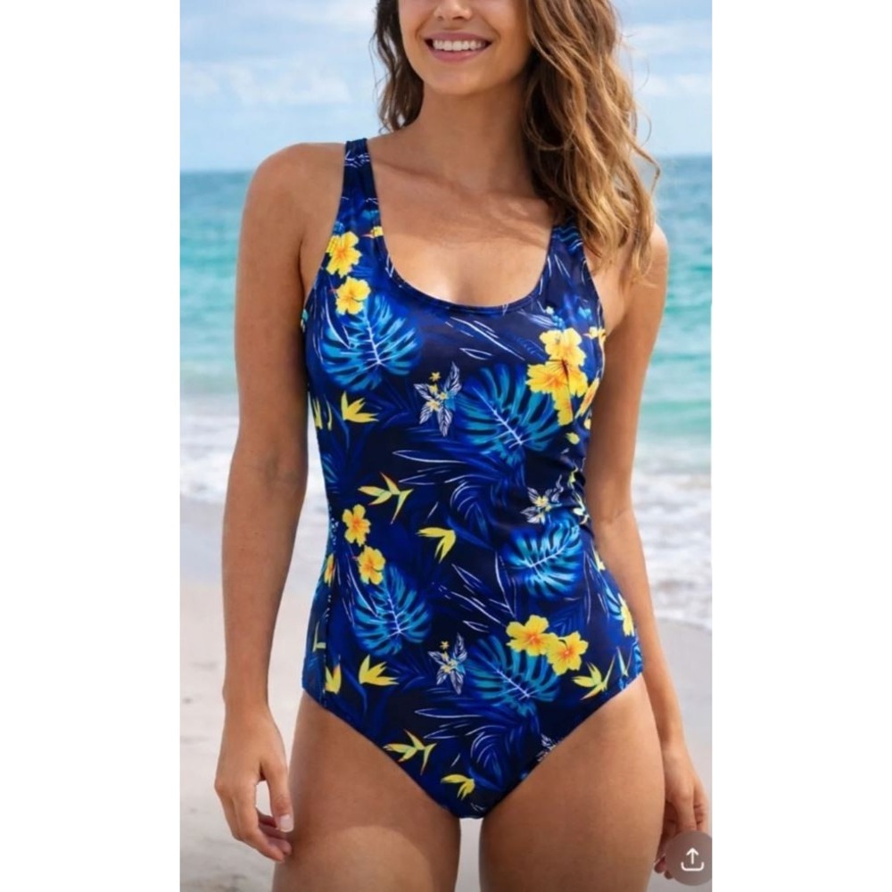 Nicole Miller NY swimwear swimsuit womens M Medium blue yellow floral 1 pc $120